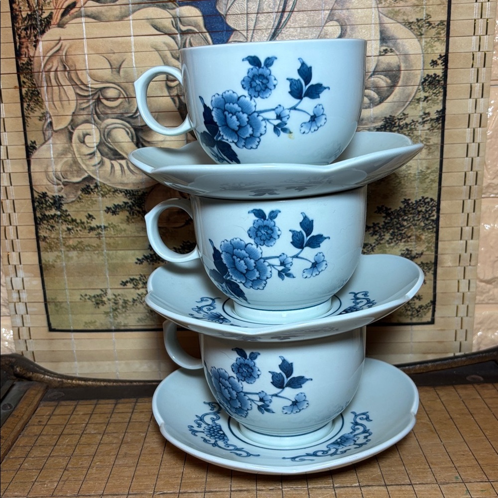 Noritake Cup Saucer Set of 3 Versatone Orient Sometsuke B352W17 Japan - Picture 10 of 13